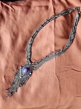 Silver Multi-Chain Necklace with Purple Stone Pendant
